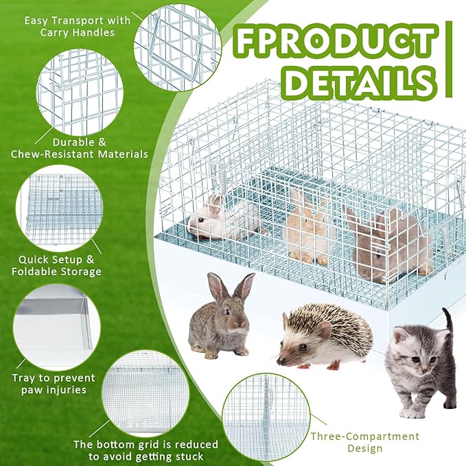 Folding Rabbit Cage, 18 x 12 x 10 in Portable Bunny Carrier with Tray and Handles for Transport, Travel or Temporary Housing, Indoor Outdoor Pet Habitat Animal Enclosure-PurrikoPets