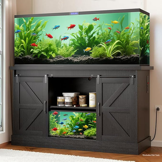 Fish Tank Stand Up to 75 Gallon, Aquarium Stand with Sliding Barn Doors & Power Outlet, Black Farmhouse Style Stand with Cabinet Storage for Fish Tank, Turtle Tank, Reptile Terrarium,1000LBS Capacity-PurrikoPets