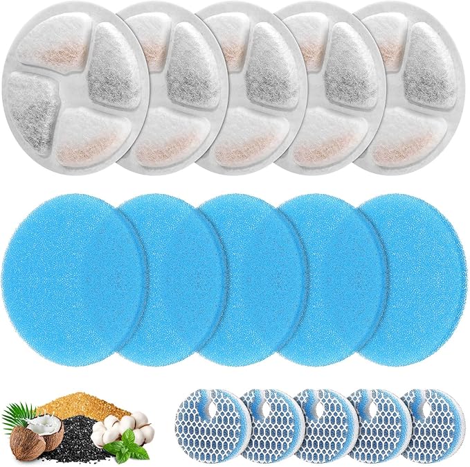 5 Set Cat Water Fountain Filter Replacement for Round 2L/67oz Stainless Steel Cat Fountain, ZEKIRY Pet Fountain Filter, Triple Filtration Replacement Filters(5 Filter, 5 Sponge, 5 8D Sponge)-PurrikoPets