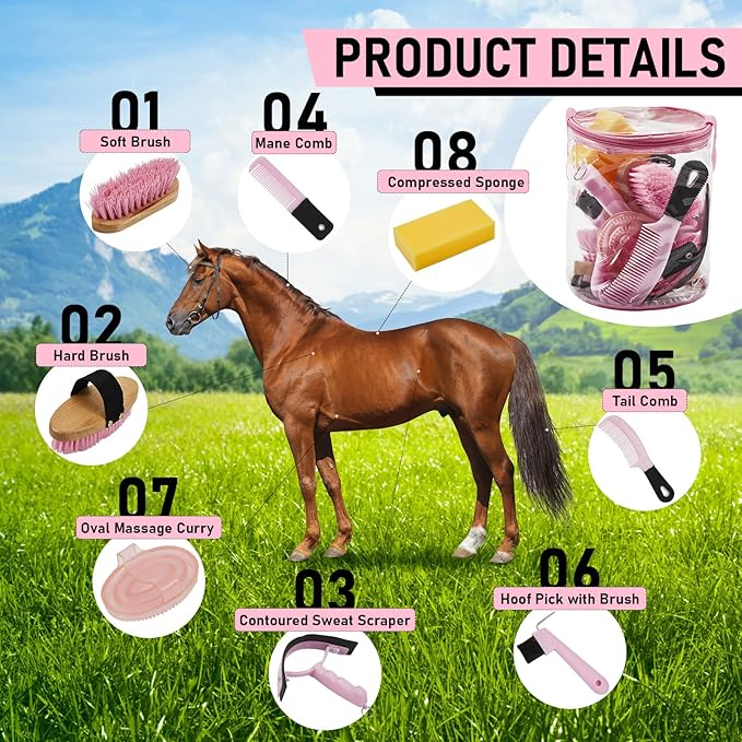 9 Pieces Horse Grooming Kit Tack Room Supplies Set with Organizer Tote Bag, Oval Massage Curry, Hard and Soft Brush, Hoof Pick, Sweat Scraper, Bathing Sponge, Combs for Horse Riders Beginners (Pink)-PurrikoPets