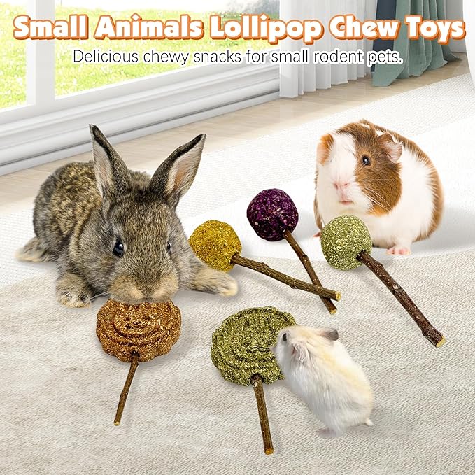 Fhiny Rabbit Chew Toys, 30 PCS Natural Bunny Lollipop Chew Sticks Handmade Guinea Pig Molar Treats for Teeth Small Animals Snacks for Guinea Pig Bunny Chinchilla Hamster Gerbil Teeth Care-PurrikoPets