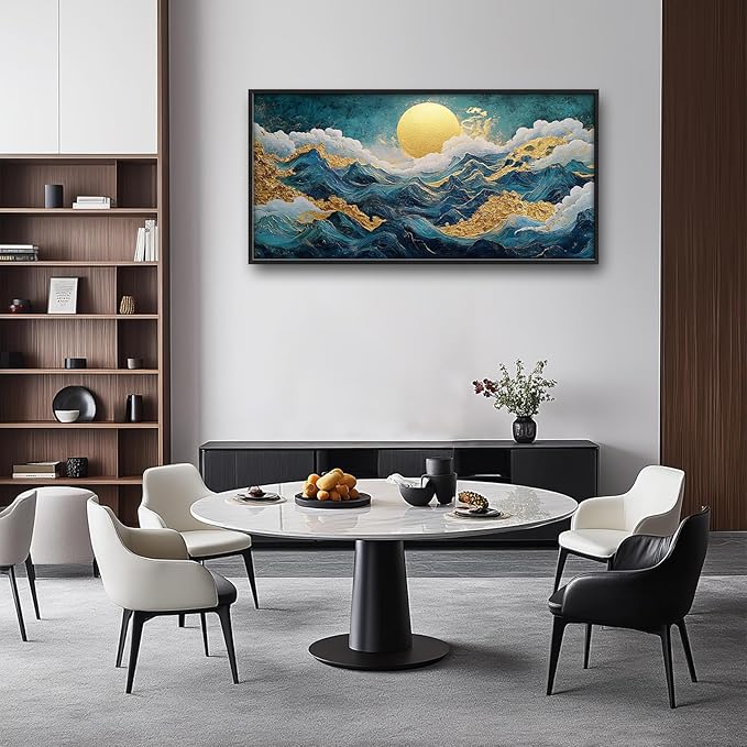 Framed Large Sun Mountain Wall Art, Oversized Teal and Golden Sun Wall Decor for Living Room, Abstract Landscape Canvas Painting Modern Artwork Home Decoration for Living Room Bedroom 60"x30"-PurrikoPets