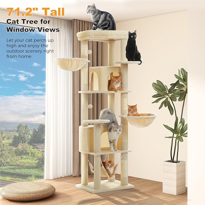 71.2" Tall Cat Tree for Indoor Cats - 9-Level Multi-Cat Tower w/5 Sisal Scratching Posts, 2 Condos, 3 Hammocks, Perch & Pom Poms - Heavy-Duty for Adult Cats, Space-Saving Plush Beige-PurrikoPets