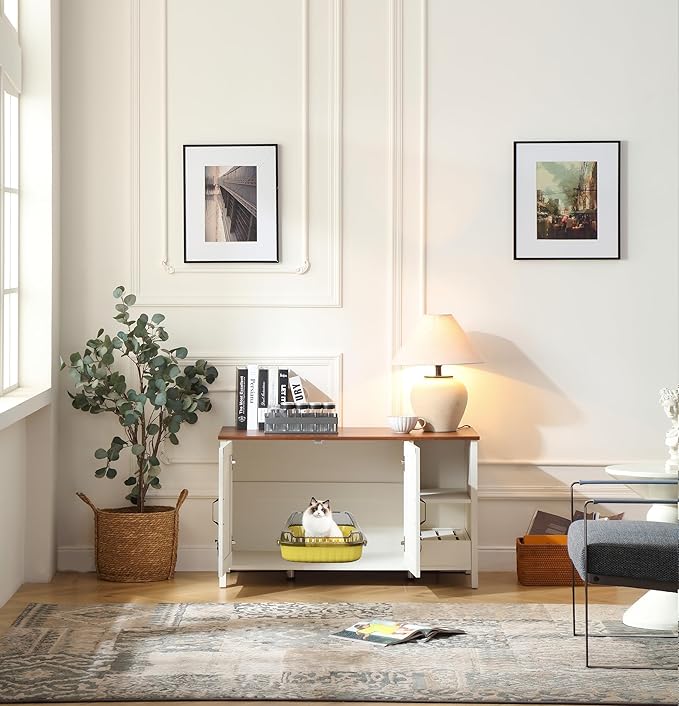 41.3'' Cat Litter Enclosure,Adjustable Shelf for Dog Proof and Storage,Locks Added for Cat, Litter Collector,Small Indoor Cat House,Antique White-PurrikoPets