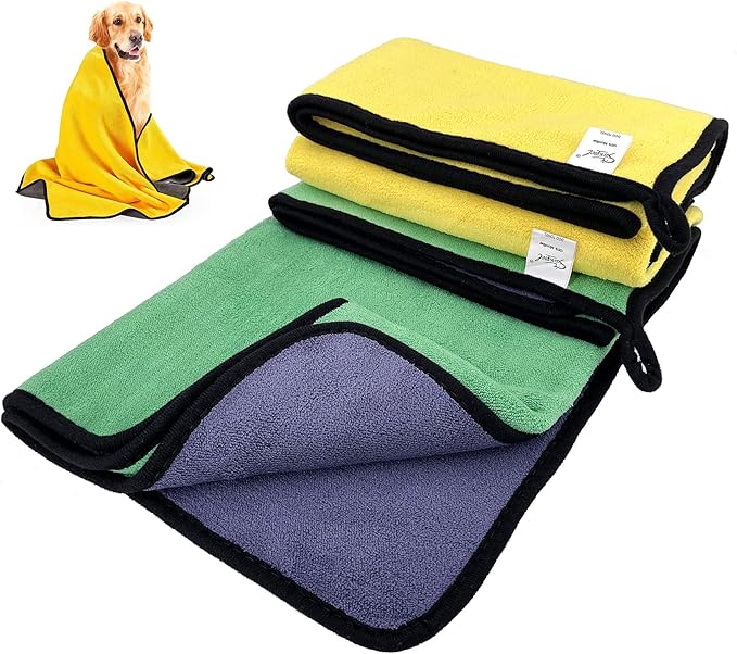 Dog Towel - 2 Pack Large Dog Bath Towel Super Absorbent Microfiber Beach Towels for Quick Drying Small Medium Large Dogs and Cats, Machine Washable,55.1x27.5 inch,Yellow Green-PurrikoPets