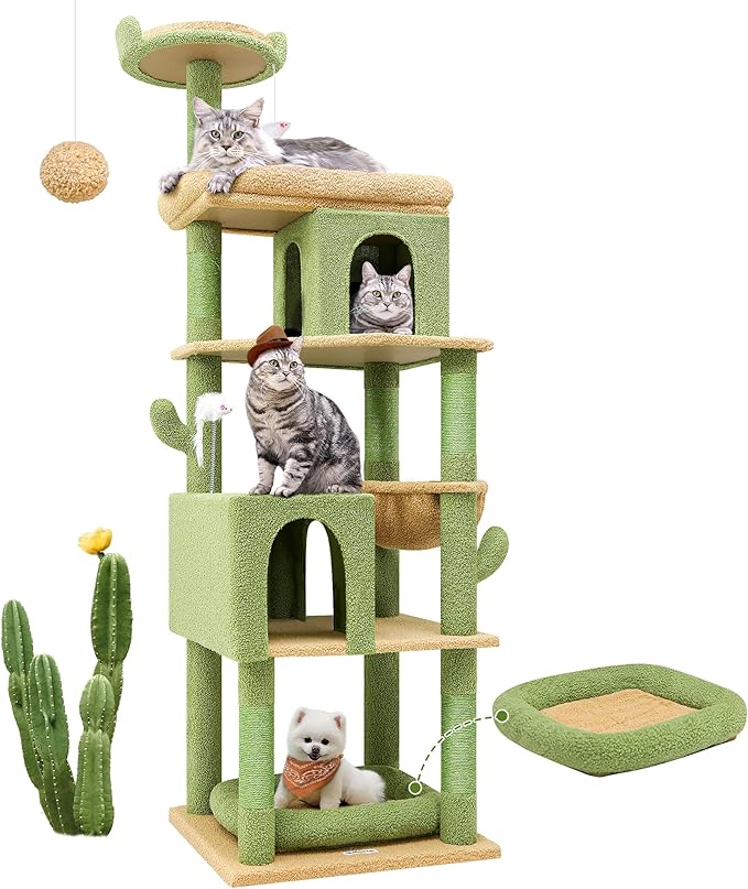 Globlazer Heavy Duty Cactus Cat Tree for Large Cats, Sturdy 72in Maine Coon Cat Tree for Large Cats 20 lbs+ Cactus Cat Tower for Adult Biggest Cats with 6 Scratching Posts, Hammock, S72, Green-PurrikoPets