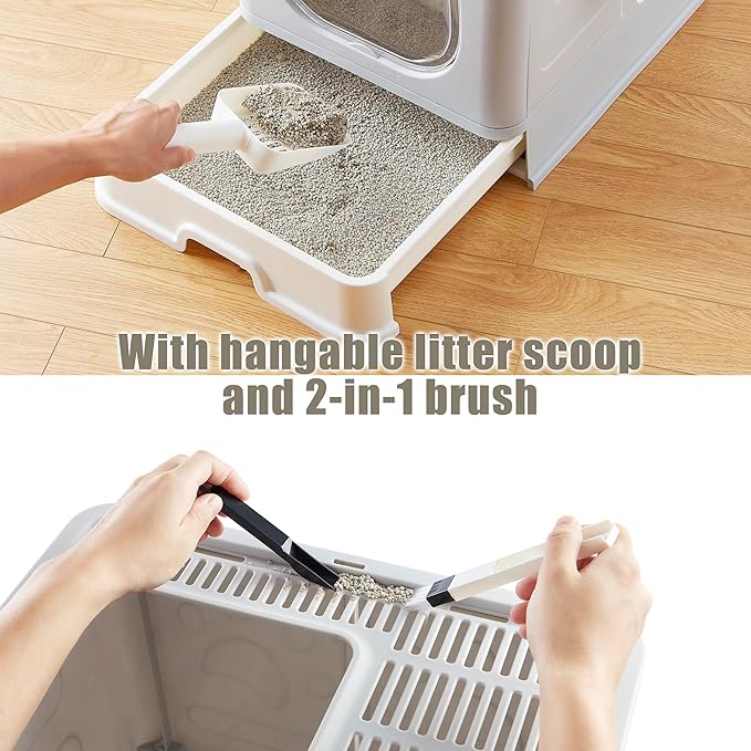 Gefryco Litter Box with Lid for Small to Medium Cats, Enclosed Cat Litter Box with Cover，High Sided Top Entry Cat Box with Brush and Scoop, Cute Kitty Litter Pan with Drawer for Growing Kittens(Grey)-PurrikoPets