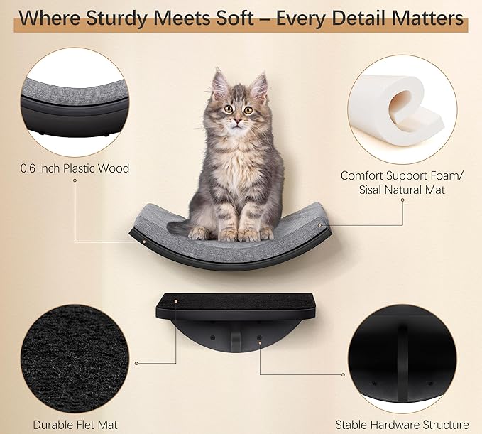 2-Piece Cat Wall Steps with Grey Felt Pads, Floating Cat Wall Perches and Climbing Steps, Wall Mounted Shelf for Small and Large Cats-PurrikoPets
