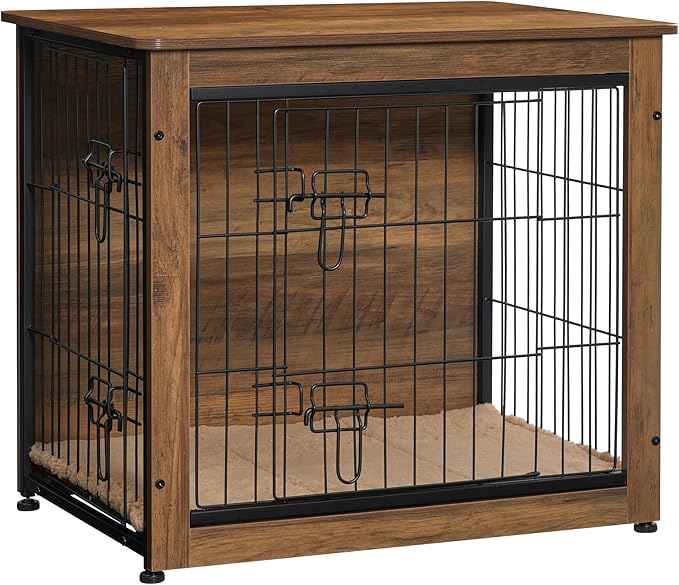 DWANTON Dog Crate Furniture with Cushion, Wooden Kennel Table with Double Doors, Indoor Dog House, Small/Medium/Large Size, 27.2" L, Warm Brown-PurrikoPets
