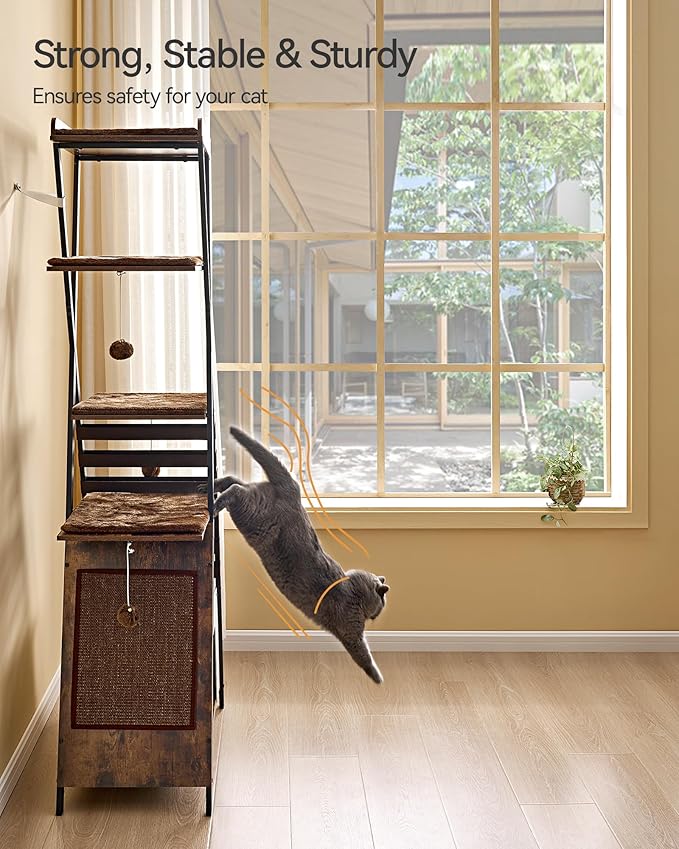 FourFurPets 72.4" Modern Cat Tower for Indoor Cats - Multi-Level Condo With Caves, Tall Tree With Scratching Board, Wooden Tower With Large Perch, Removable Pads, Rustic Brown-PurrikoPets