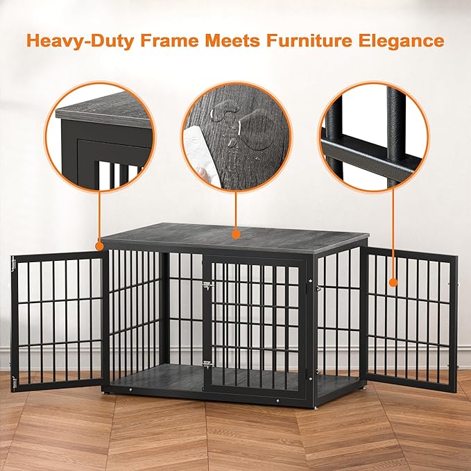 48 Inch Heavy Duty Dog Crate Furniture for Large Dogs, Decorative Pet House End Table, Extra Large Wooden Cage Kennel Furniture Indoor, Black and Gray-PurrikoPets