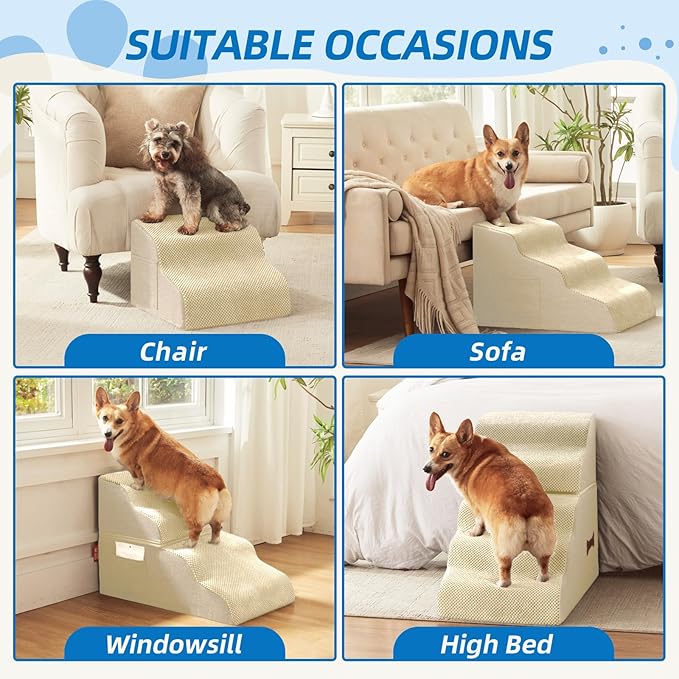 Dog Stairs 3-Step for Small Dogs and Cats to Get on Bed and Furniture/Windows, Pets Can Climb, Sit, or Perch to Look Out Windows, Extra Wide Dog Steps, Non-Slip Waterproof Fabric Cover, Beige（15.7" H）-PurrikoPets