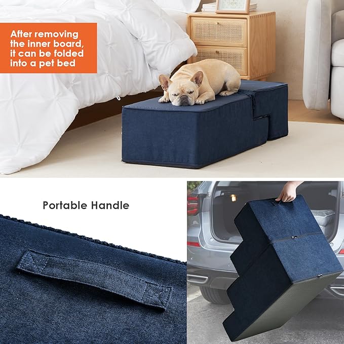 EHEYCIGA Dog Stairs for Bed 20" H, 4-Step Extra Wide Dog Steps for High Bed, Pet Steps for Small Dogs and Cats, Non-Slip Balanced Pet Ramp Indoor, Navy Blue-PurrikoPets