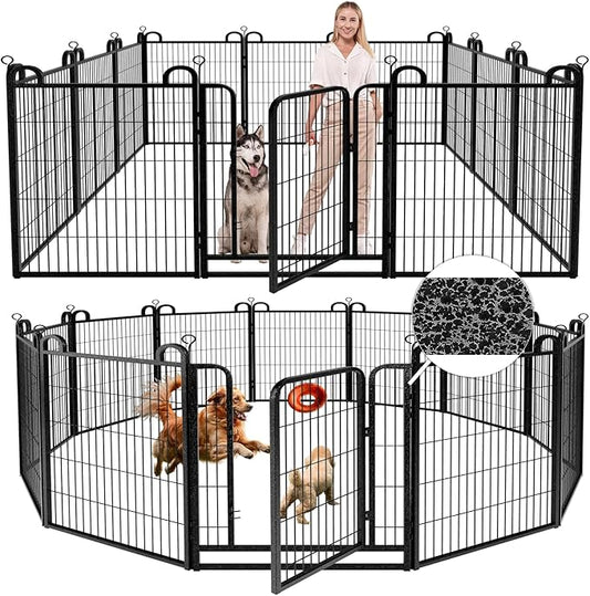 Dog Playpen Outdoor 12 Panels Heavy Duty Dog Fence 40" Height Anti-Rust with Doors Portable for RV Camping Yard, Total 27FT, 58 Sq.ft, Snowy Black-PurrikoPets