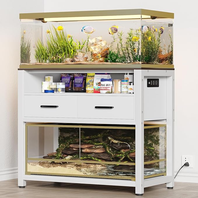 40-50 Gallon Fish Tank Stand with Power Outlet & 2 Storage Drawers, Heavy Duty Metal Frame Aquarium Stand with Waterproof Mat, 36.6" L*19.1" W Tabletop, 800LBS Capacity, White+Brown-PurrikoPets