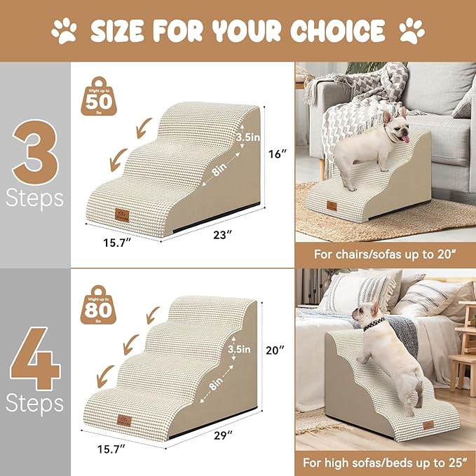 Dog Ramp and Stair for Bed 16" H-20 H,3-Step Cat Stair for Sofa and Chair,4-Step Dog Ramp for High Bed and Window,Durable Nonslip Fabric Cover for Indoor (Beige-20 H, Pet Friendly, 4)-PurrikoPets