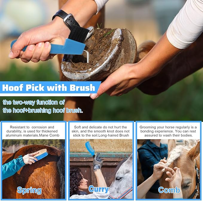 Abbylike 12 Pieces Horse Grooming Kit Racing Festival Tack Room Supplies Horse Brush Sets Equine Care Cleaning Kit Shedding Grooming Massaging Tools(Blue)-PurrikoPets