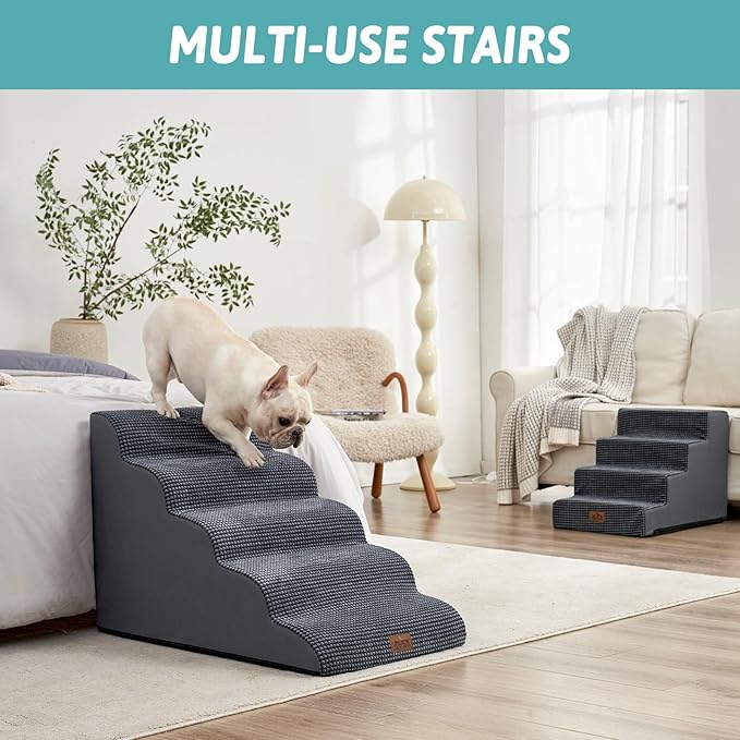 Extra Wide Dog Stairs 19.7" Width, Large Pet Step for Small Medium Dog, Puppy or Cat, Ramp for High Bed or Car, High Density Foam Ladder, Stable, 5 Step, 19.7x33x22.4 in, Dark Grey-PurrikoPets