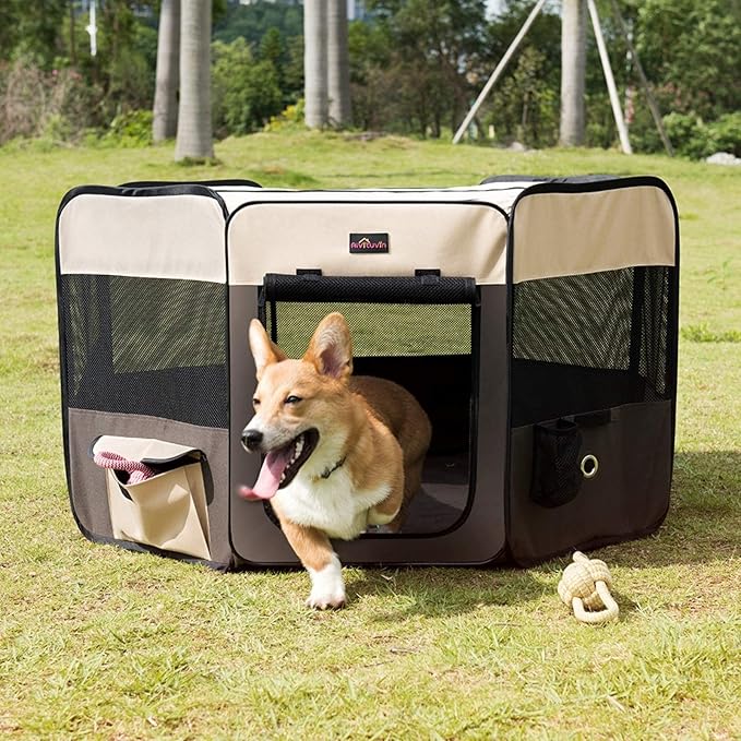 Aivituvin Dog Playpen, Foldable Pet Play Pens with Carrying Bag for Cat, Puppies, Rabbits, Portable Dog Tent Crates Cage for Travel Camping Indoor Outdoor, Removable Shade Cover, Brown M-PurrikoPets
