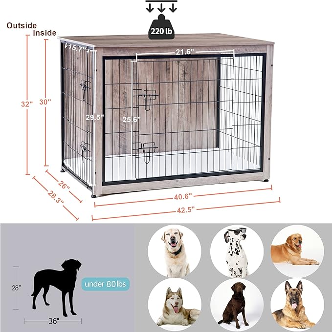 DWANTON Dog Crate Furniture with Cushion, Wooden Kennel Table with Double Doors, Indoor Dog House, Extra Large Size, 43.3" L, Greige-PurrikoPets