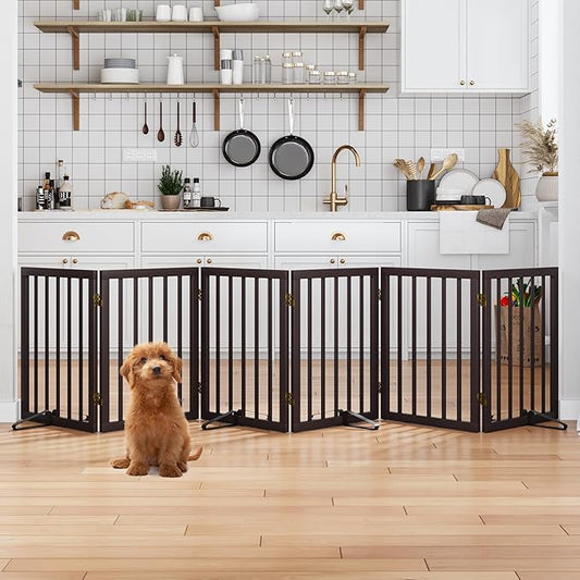 Dog Gates for The House Doorways Extra Wide 110 Inches Wood Freestanding Pet Gates for Dogs Indoor Fence with Support Stands-PurrikoPets