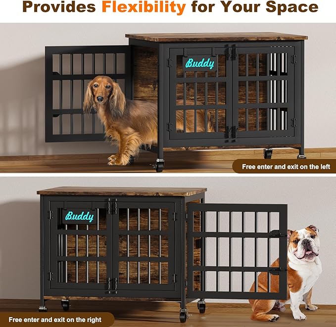 EasyCom 33"/27" Dog Crate Furniture with Name Tag, Heavy Duty Dog Kennel Indoor for Medium and Small Dogs, Double-Doors Sturdy Metal Dog Cage, Decorate House as TV Stand, End Table, Bedside Table-PurrikoPets