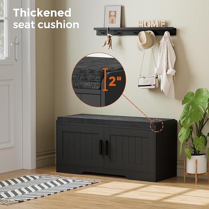 2-Tier Storage Bench, Shoe Bench with Thickened Padded Seat Cushion, Entryway Bench with 2 Doors, Adjustable Shelf, 13.8" D x 37.4" W x 18.5" H, for Entryway, Living Room, Bedroom, Black-PurrikoPets