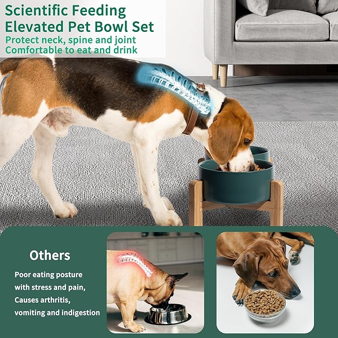 Elevated Ceramic Dog Bowl Set - Raised Dog Bowls with Non-Slip Bamboo Stand - Dog Food and Water Bowl Set - Double Dog Feeding Bowls - Suitable for Small and Medium Dogs - 28.74 OZ - 3.6 CUPS - 850 ML-PurrikoPets