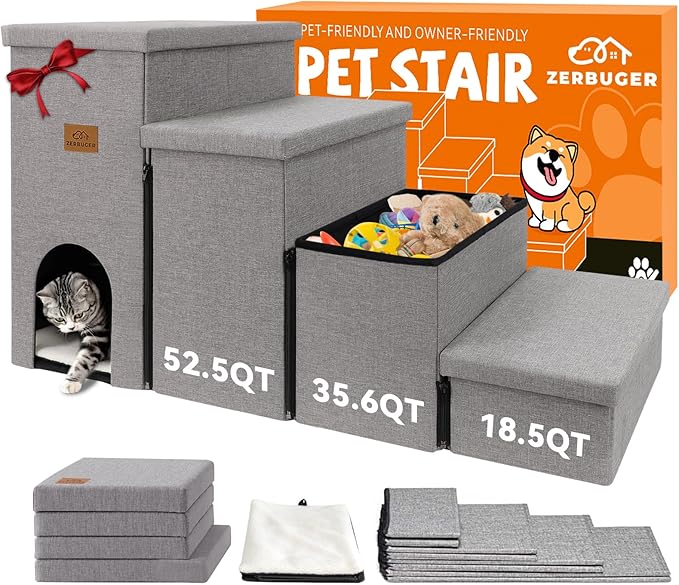 Dog Stairs 23" H, 4-Step Wider Dog Steps for High Beds Window, Folding Storage Pet Stairs Gift for Small/Medium/Large Old Dogs Cats, Ramp for Climbing Car Up to 200 lbs (Gray, with Condo)-PurrikoPets