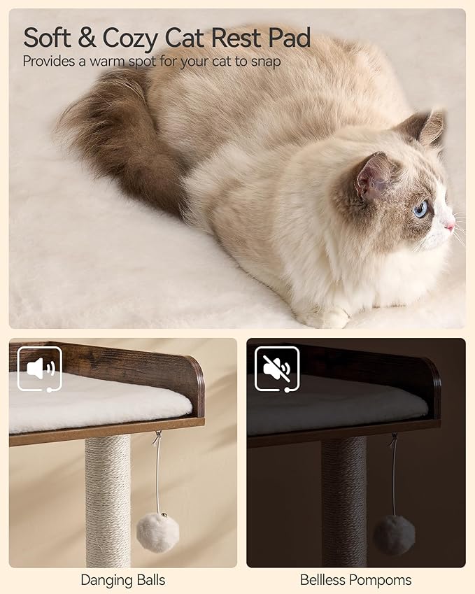 FourFurPets 43.7" Cat Tree, Modern Cat Tree Tower, Cat Tower for Indoor Cats Large Adult, Cat Condo with Scratching Post, Large Perch and Removable Pads,Rustic Brown-PurrikoPets