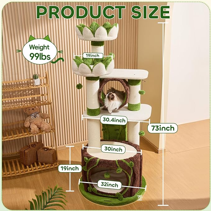 73‘’ Tall Flower Cat Tree for Indoor Cats Large Adult, Luxury Cat Tower with Scratching Post, Heavy Duty Modern Cat Furniture for Large Cats, Removable Mats, Multi-Level Cat House with Toy Ball-PurrikoPets
