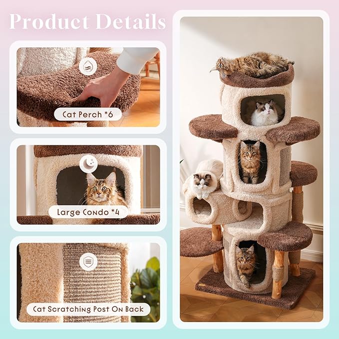 70" Heavy Duty Cat Tree for Large Cats with Toys, All-in-One Cat Tower with Cat Perch, Tall Cat Tower with Scratching Post, Brown Modern Cat House-PurrikoPets