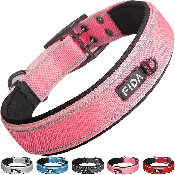 Fida Heavy Duty Dog Collar 1.5” Width, Ultra Soft Neoprene Padded, Adjustable Reflective Nylon Pet Collar with Two Metal Pin Belt Buckle for Large/X-Large Breeds (XL, Pink)-PurrikoPets