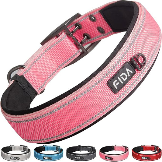 Fida Heavy Duty Dog Collar 1.5” Width, Ultra Soft Neoprene Padded, Adjustable Reflective Nylon Pet Collar with Two Metal Pin Belt Buckle for Large/X-Large Breeds (XL, Pink)-PurrikoPets