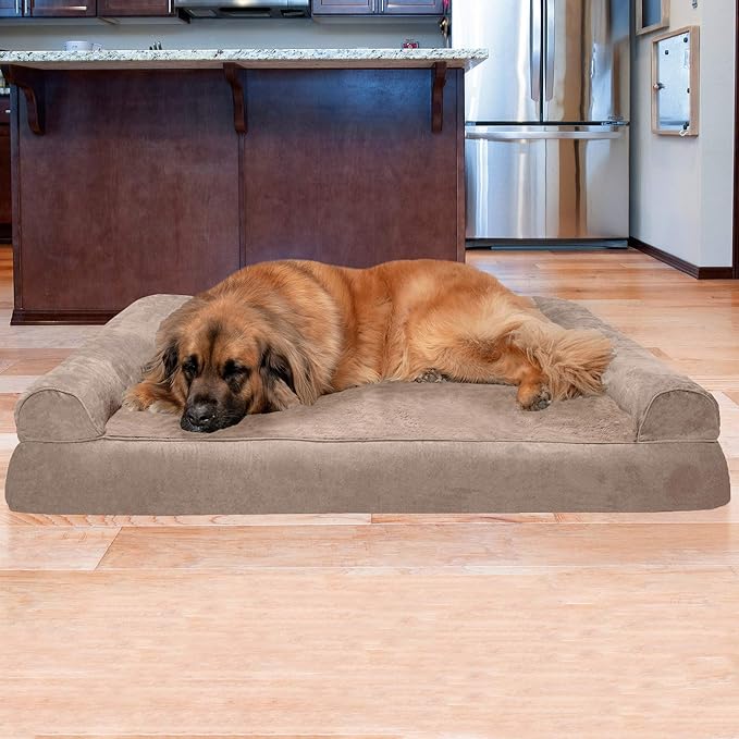 Furhaven Orthopedic Dog Bed for Large Dogs w/ Removable Bolsters & Washable Cover, For Dogs Up to 125 lbs - Plush & Suede Sofa - Almondine, Jumbo Plus/XXL-PurrikoPets