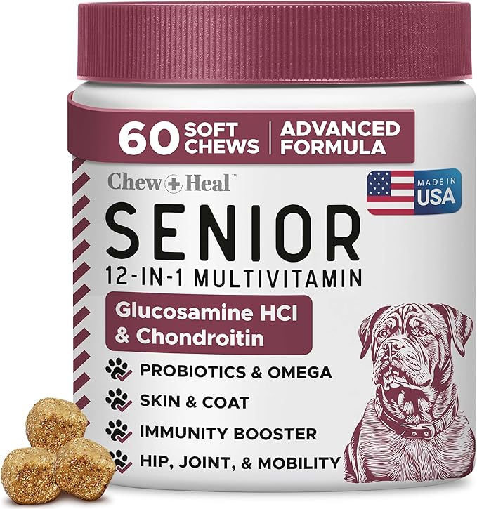 12-in-1 Multivitamin for Senior Dogs - 60 Senior Dog Vitamin and Supplement Soft Chews for Hip and Joint - Advanced Formula with Glucosamine, Omega 3,6,9, Vitamins, Probiotics - Made in The USA-PurrikoPets