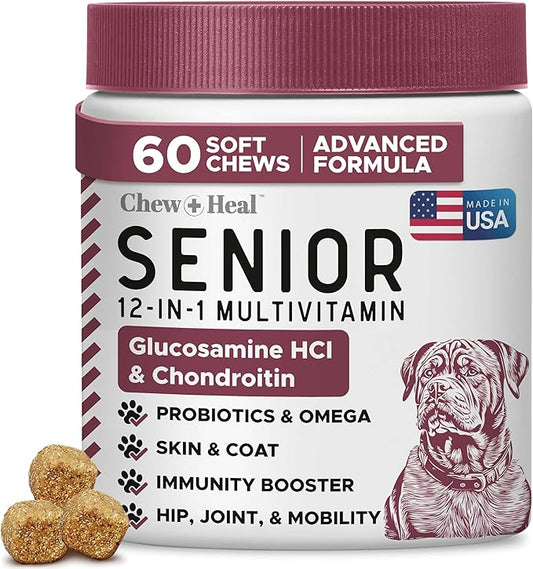 12-in-1 Multivitamin for Senior Dogs - 60 Senior Dog Vitamin and Supplement Soft Chews for Hip and Joint - Advanced Formula with Glucosamine, Omega 3,6,9, Vitamins, Probiotics - Made in The USA-PurrikoPets