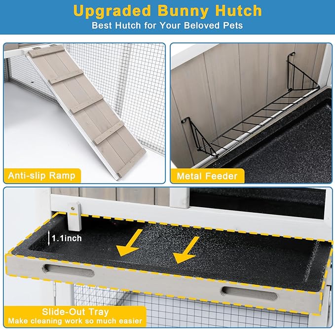 48" L Rabbit Hutch Outdoor Indoor Bunny Hutch Weatherproof, 2-Story Wood Rabbit Cage with Deep Tray, Chew-Resistant Ramp, UV Roof, Bunny House for Small Animal, Expandable Guinea Pig Cage-PurrikoPets