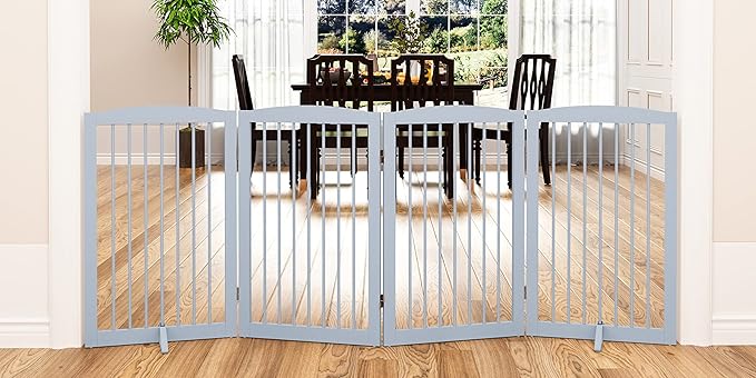 Freestanding Wooden Pet Gate - Foldable Indoor Dog Gate, 80 Inch Wide, 4 Panels, Grey-PurrikoPets