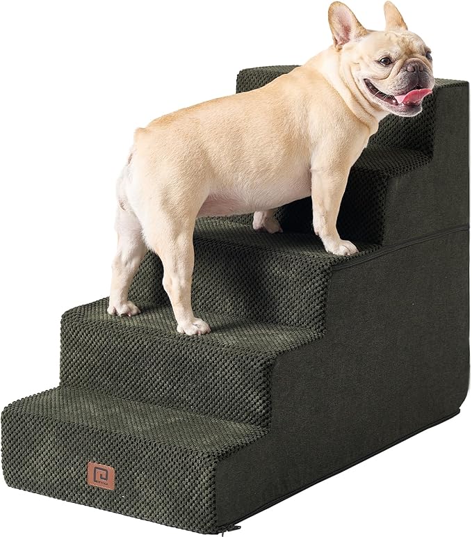 EHEYCIGA Dog Stairs for High Bed 22.5" H, 5-Step Dog Steps for Bed, Pet Steps for Small Dogs and Cats, Non-Slip Balanced Pet Ramp Indoor, Olive Green-PurrikoPets