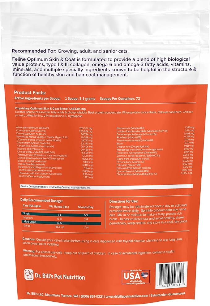 Dr. Bill’s Feline Optimum Skin & Coat – Fish Oil Omega-3 Fatty Acids for Cats Healthy Fur | Reduce Shedding and Hairballs with Biotin, Type I & III Marine Collagen, Hyaluronic Acid, & Folic Acid-PurrikoPets