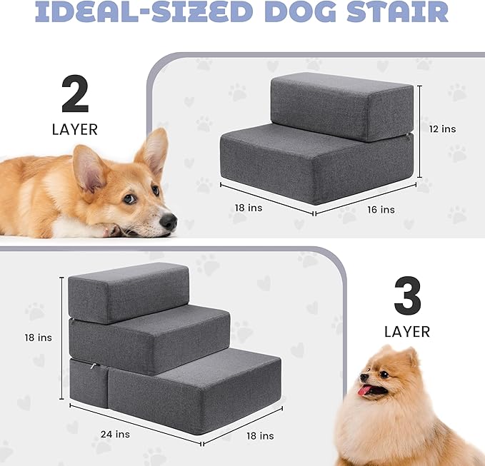Foldable 18 Inch Wide Dog Stairs for Small Dogs, 12 Inch Height Foam Dog Steps for Bed & Couch, Linen Covered Pet Stairs for Dogs to Get on Bed, Indoor Foam Pet 2 Steps for for Cat and Puppy-PurrikoPets