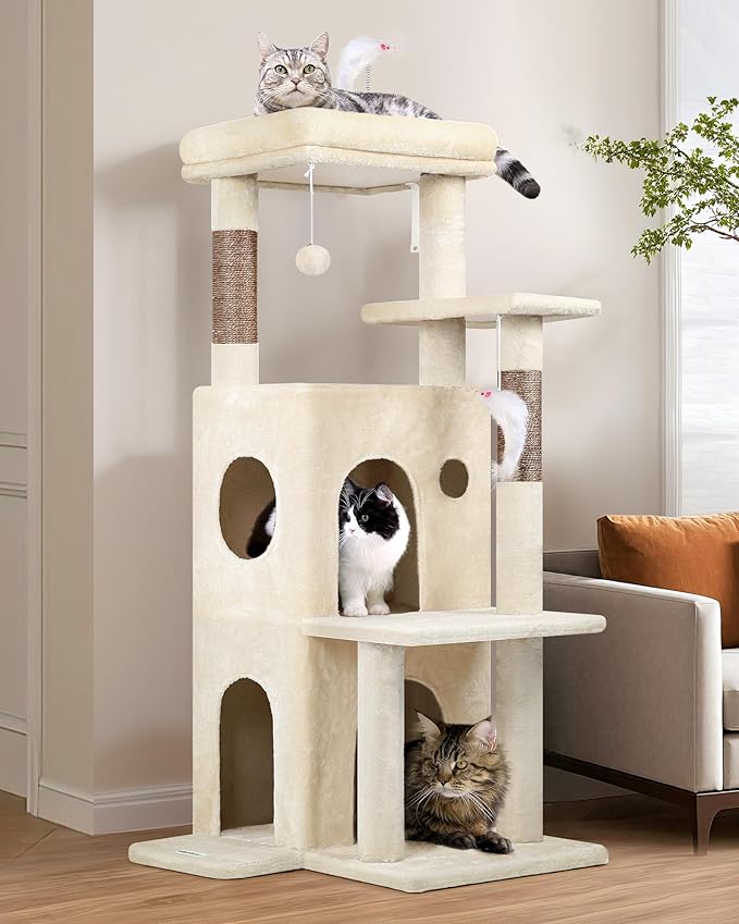 Globlazer Cat Tree Tower for Indoor Cats, 50-inch Adult Cat Tree House for Large Adult Cats with Steps, Scratching Post, 2 Cat Caves, Dangling Toys, FC50, Beige-PurrikoPets
