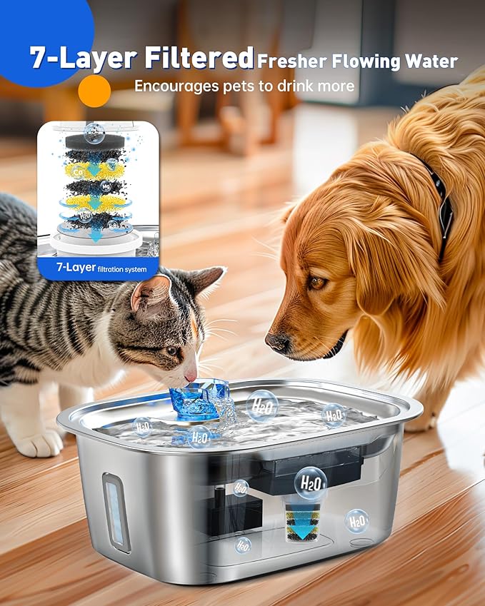 Dog Water Fountain for Large Dogs Stainless Steel, 3Gal Extra Large Dog Water Bowl Dispenser with 2 Filters & Visual Window, Automatic Filtered Pet Fountain Indoor, Quiet Safe Pump with LED Indicator-PurrikoPets