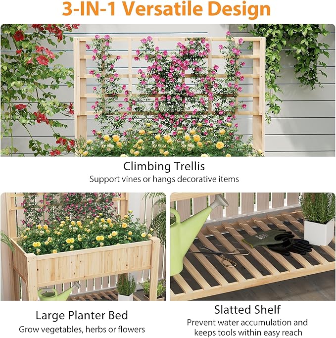 Giantex Raised Garden Bed with Trellis, Wooden Elevated Planter Box with Legs, Drainage Holes for Climbing Plants Vines Vegetables Flowers Herbs, Outdoor Horticulture Planter for Patio Yard-PurrikoPets