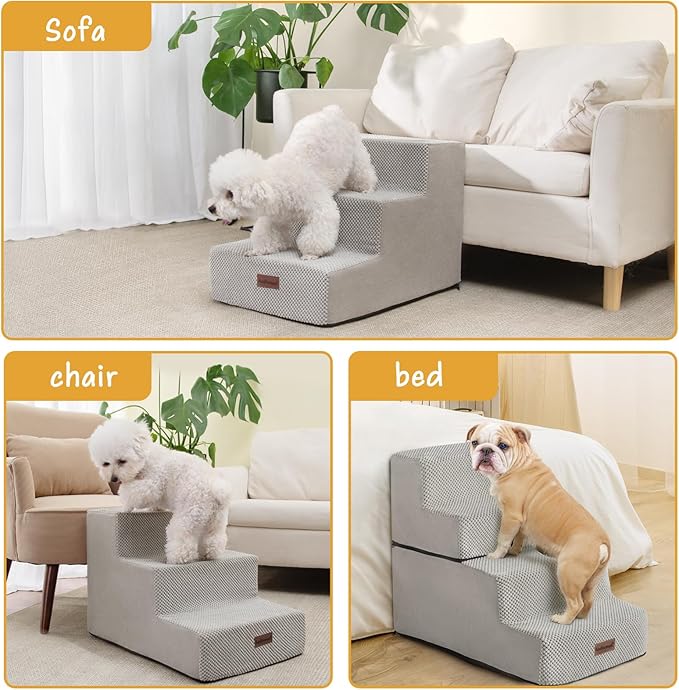 Dog Stairs for Small Dogs & Cats, 3-Step Extra Wide Non-Slip Pet Steps for Couch Sofa and Chair, Light Grey, 15.7" H-PurrikoPets