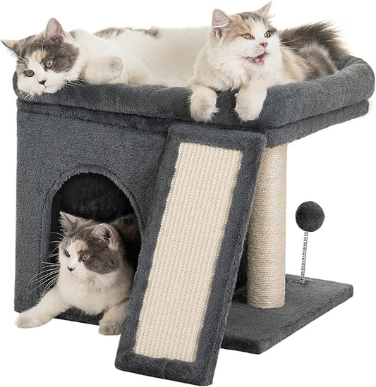 14‘’ Cat Tree Tower with Scratching Post, 20 * 16.5in Perch Bed for Large Adult Cats, Condo Cave for Indoor Small Medium Kittens, Dark Gray-PurrikoPets