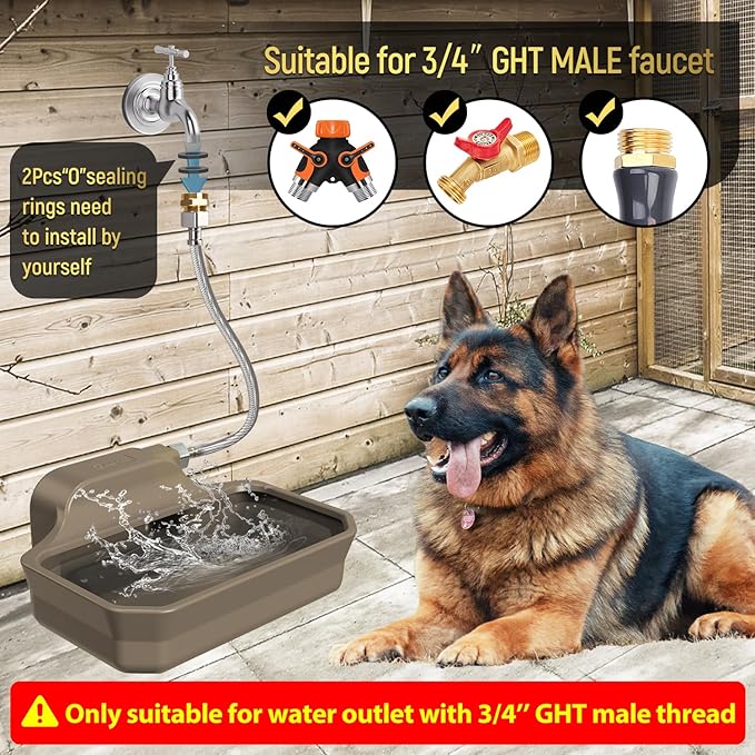 135OZ Automatic Water Dispenser for Dogs Patented Automatic Dog Water Bowl Fit 3/4'' GHT Male Faucet Outdoor Large Dog Water Bowl Include Water Hose Copper Connector Large Drinking Area Brown-PurrikoPets