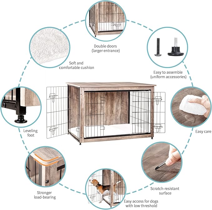 DWANTON Dog Crate Furniture with Cushion, Wooden Kennel Table with Double Doors, Indoor Dog House, Extra Large Size, 43.3" L, Greige-PurrikoPets