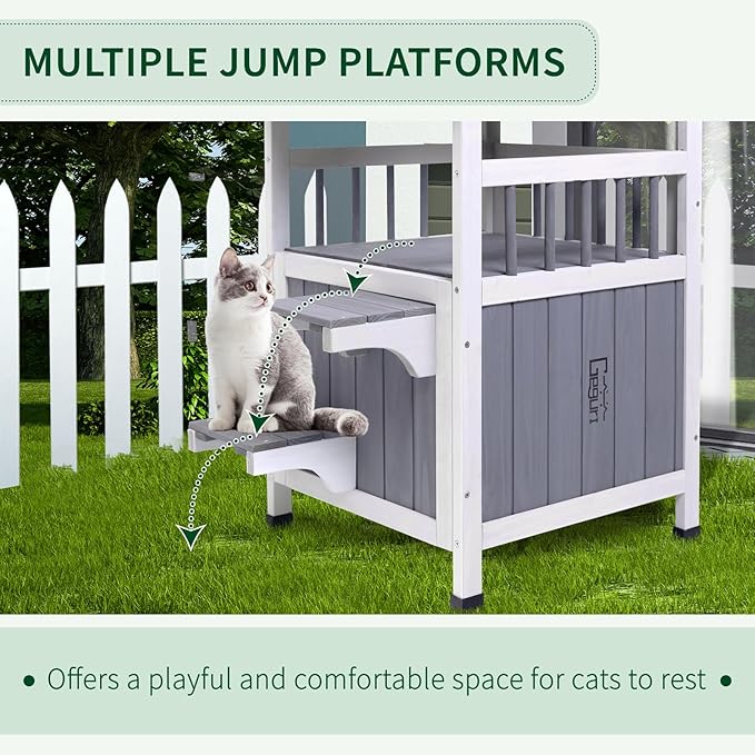 GEGURI Outdoor Cat House Weatherproof, Wooden Two-Story Feral Cat Shelter with, Escape Door, Balcony-PurrikoPets